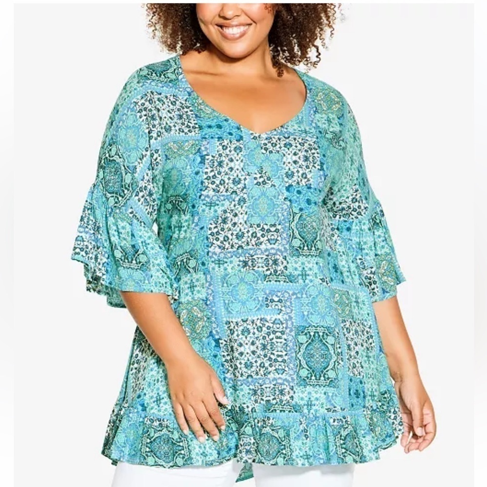 Avenue Tunic Top Patchwork Print Aqua Floral Size… - image 1